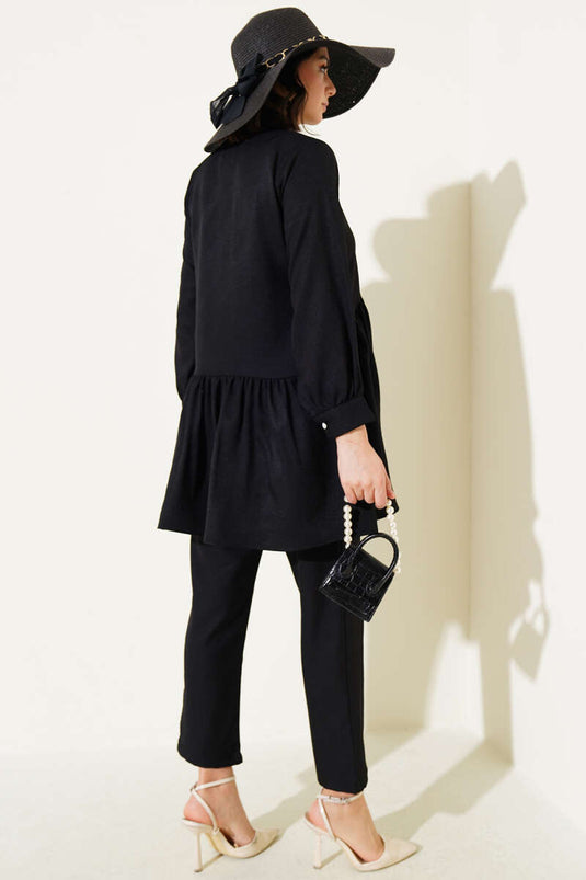 Önü Düğmeli Fırfırlı İkili Takım Siyah