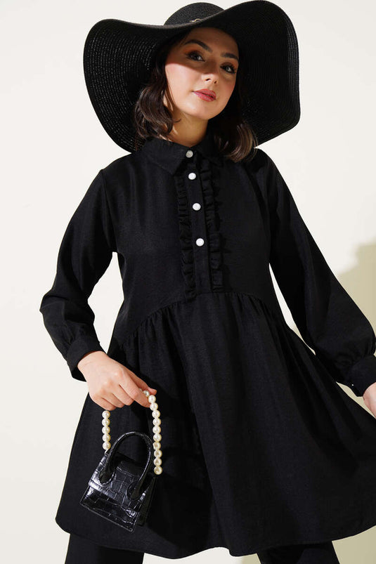 Önü Düğmeli Fırfırlı İkili Takım Siyah