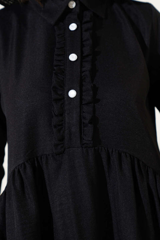 Önü Düğmeli Fırfırlı İkili Takım Siyah