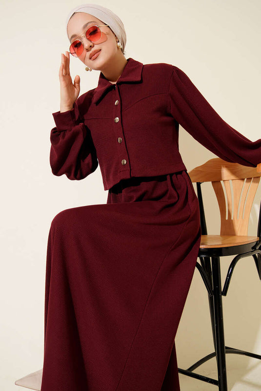Önü Düğmeli İkili Takım Elbise Bordo