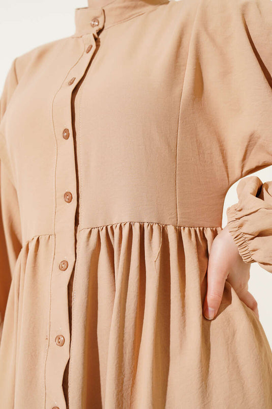 Önü Düğmeli Kat Kat Basic Elbise Latte