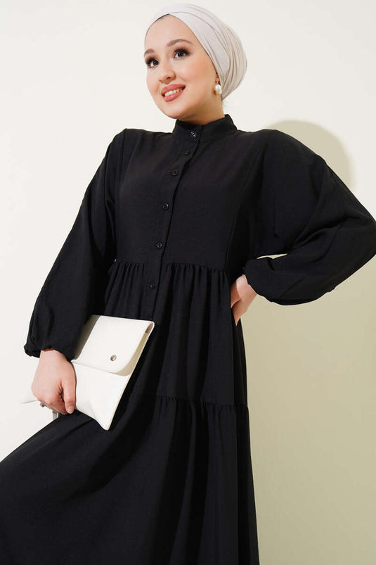 فستان أساسي متعدد الطبقات بأزرار أمامية باللون الأسود
