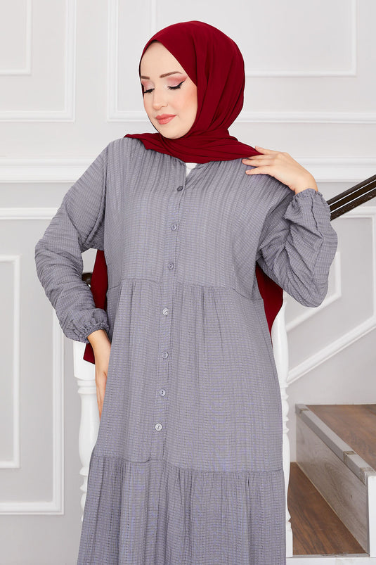 Grey Modest Layered Buttoned Dress