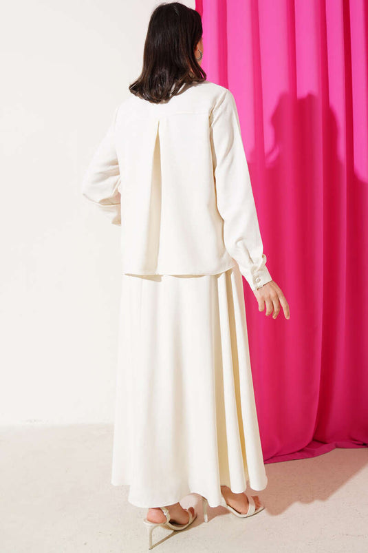 Önü Düğmeli Keten Etekli Takım Krem