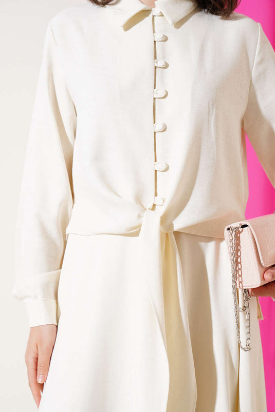 Önü Düğmeli Keten Etekli Takım Krem