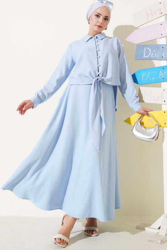 Önü Düğmeli Keten Etekli Takım Mavi