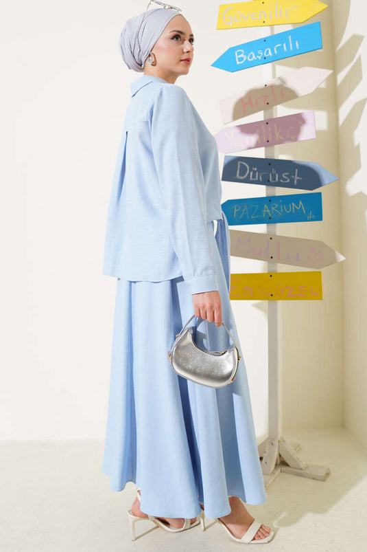 Önü Düğmeli Keten Etekli Takım Mavi