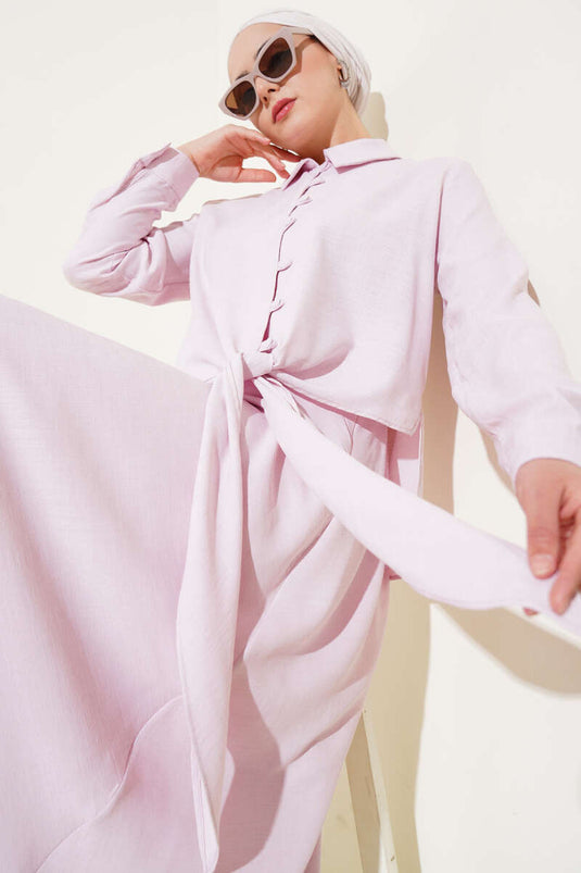 Önü Düğmeli Keten Etekli Takım Pudra