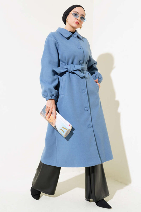 Önü Düğmeli Kuşaklı Kaşe Kaban İndigo