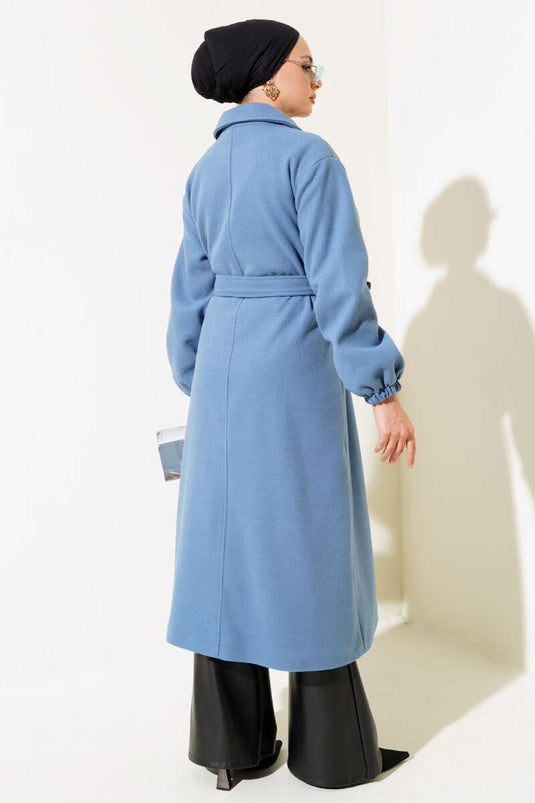 Önü Düğmeli Kuşaklı Kaşe Kaban İndigo