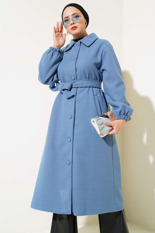 Önü Düğmeli Kuşaklı Kaşe Kaban İndigo