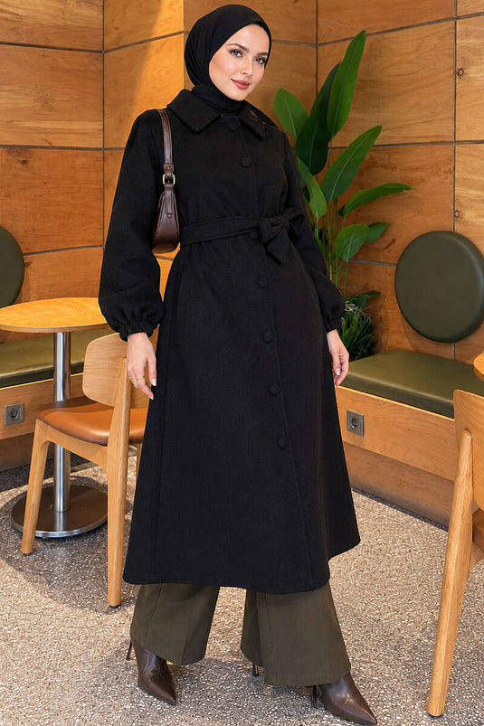 Manteau En Laine Noir À Boutons Et Ceinture