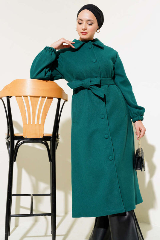 Önü Düğmeli Kuşaklı Kaşe Kaban Zümrüt