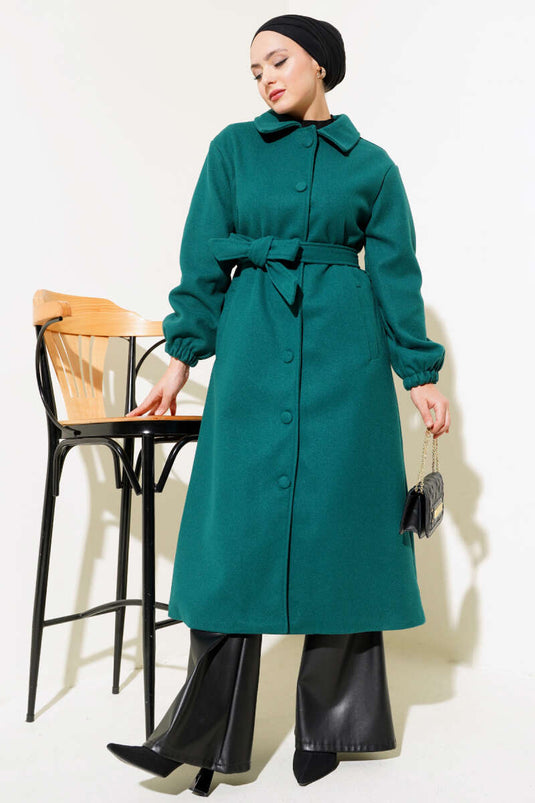 Önü Düğmeli Kuşaklı Kaşe Kaban Zümrüt