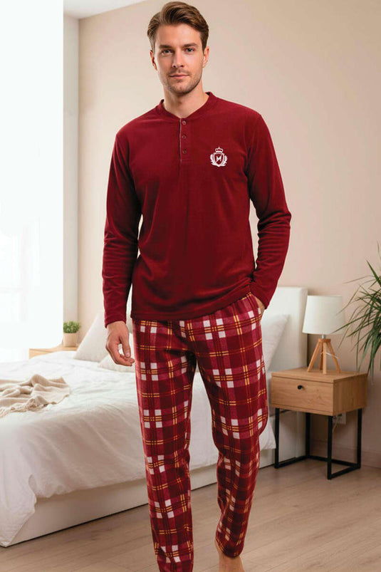 Voorzijde met knopen fleece heren pyjamapak bordeaux