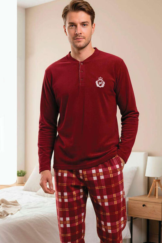Voorzijde met knopen fleece heren pyjamapak bordeaux