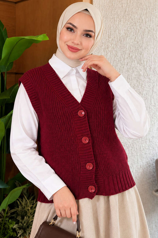 Önü Düğmeli V Yaka Triko Yelek Bordo