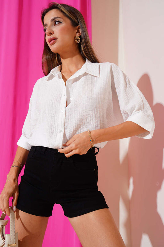 Önü Düğmeli Yarım Kollu Gömlek Beyaz