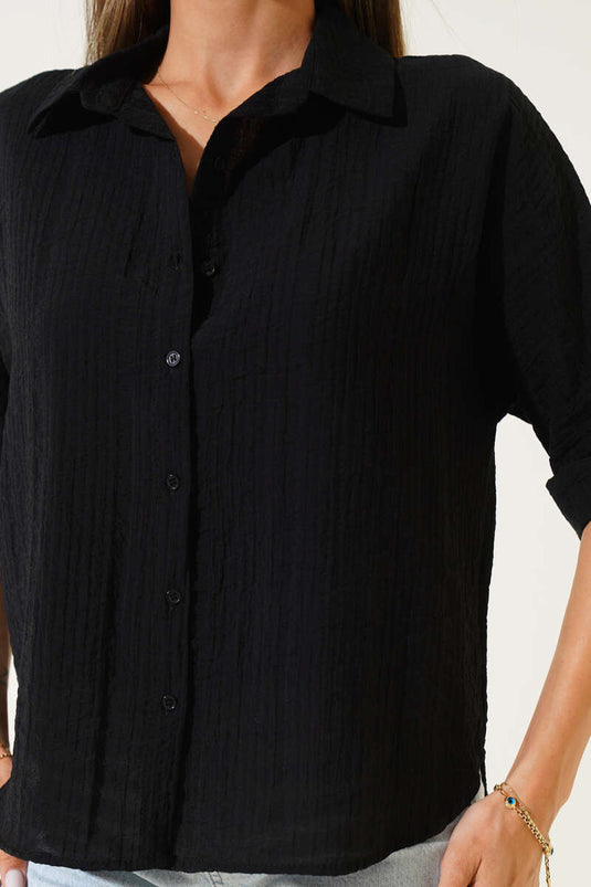 Önü Düğmeli Yarım Kollu Gömlek Siyah