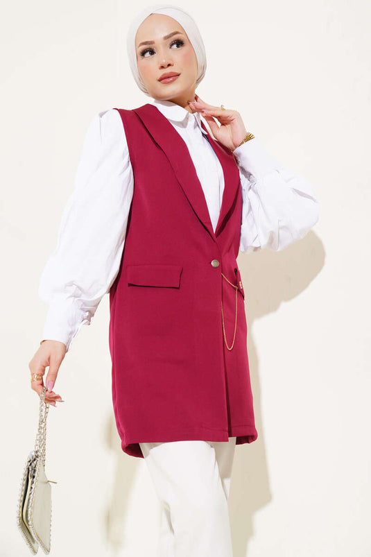 سترة بأزرار أمامية باللون الأحمر الداكن