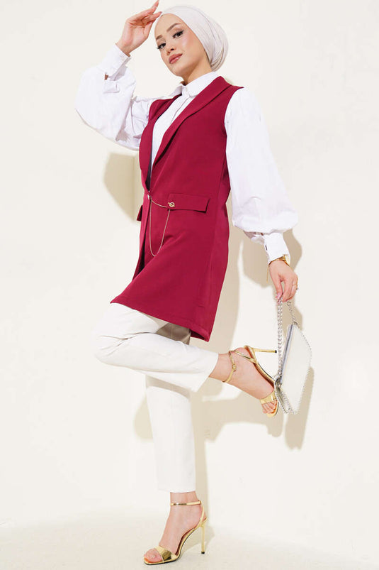 Buttoned Front Vest Claret Red