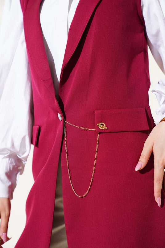 سترة بأزرار أمامية باللون الأحمر الداكن