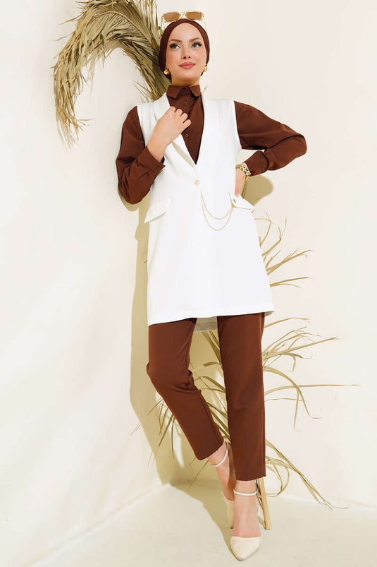 Önü Düğmeli Yelek Ekru