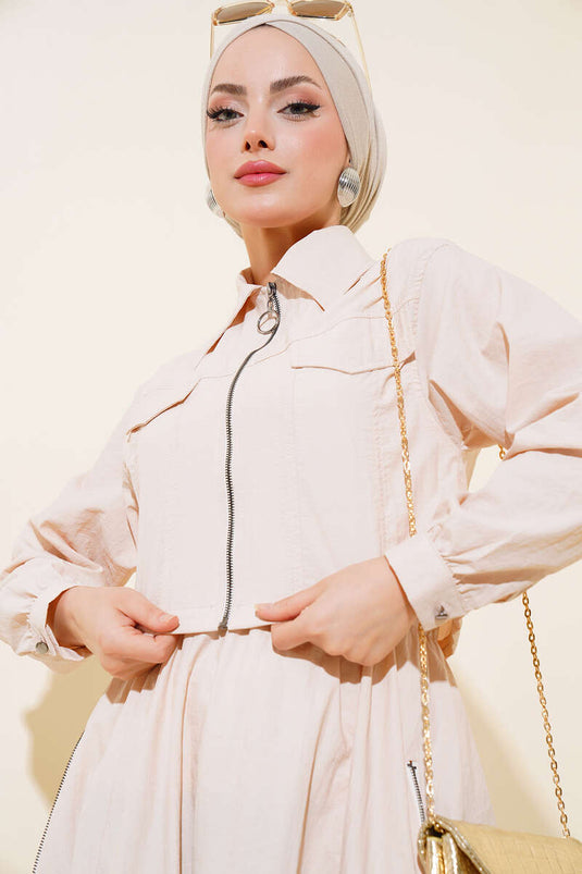 Costume Double Avec Jupe Zippée Sur Le Devant Beige