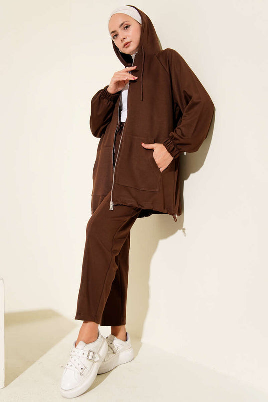 Zippered Front Hooded Two Piece Suit Brown