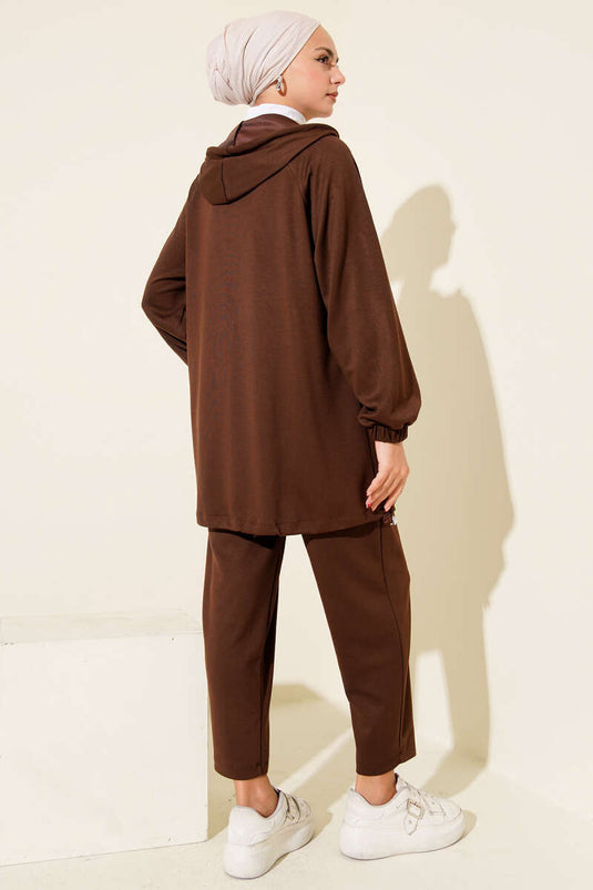 Zippered Front Hooded Two Piece Suit Brown