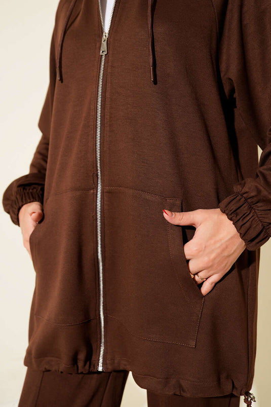 Zippered Front Hooded Two Piece Suit Brown