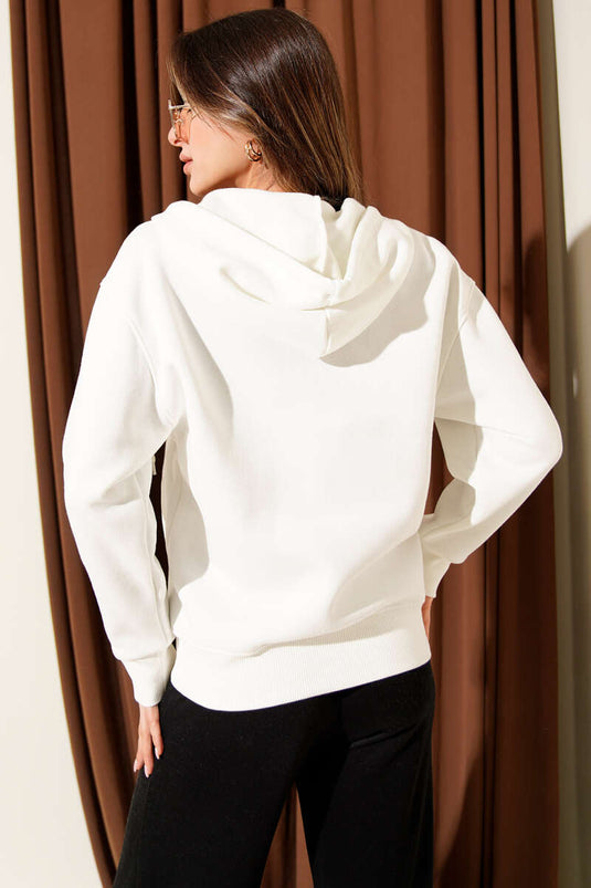 Hooded Cardigan with Front Zipper, Ecru