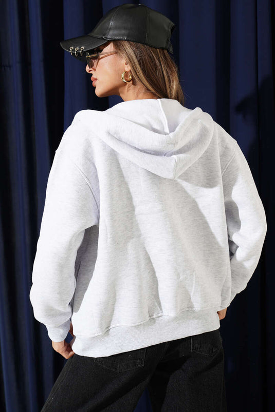 Zippered Hooded Cardigan In Melange Grey