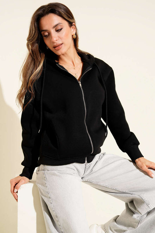 Front Zip Hooded Cardigan, Black