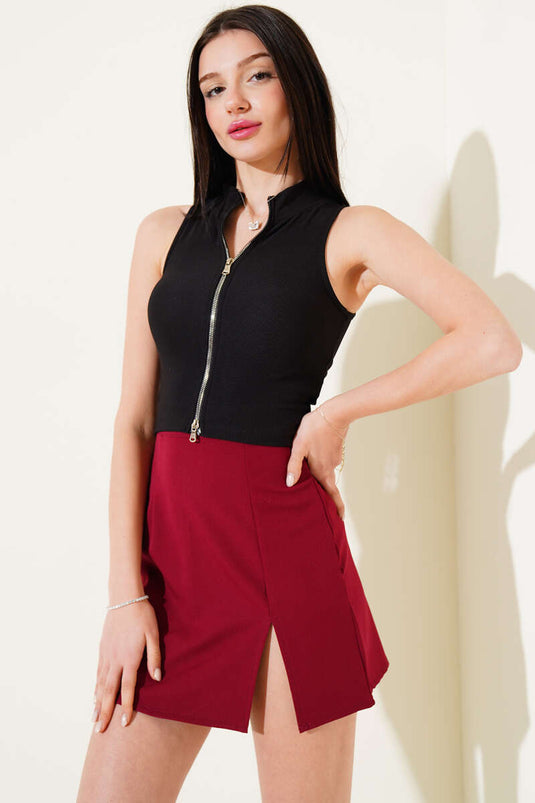 Önü Fermuarlı Kolsuz Kaşkorse Crop Siyah