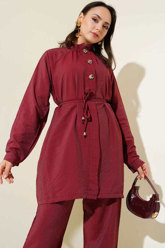 Önü Fermuarlı Kuşaklı İkili Takım Bordo