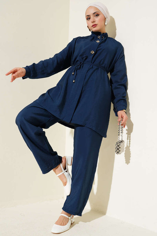 Önü Fermuarlı Kuşaklı İkili Takım Lacivert