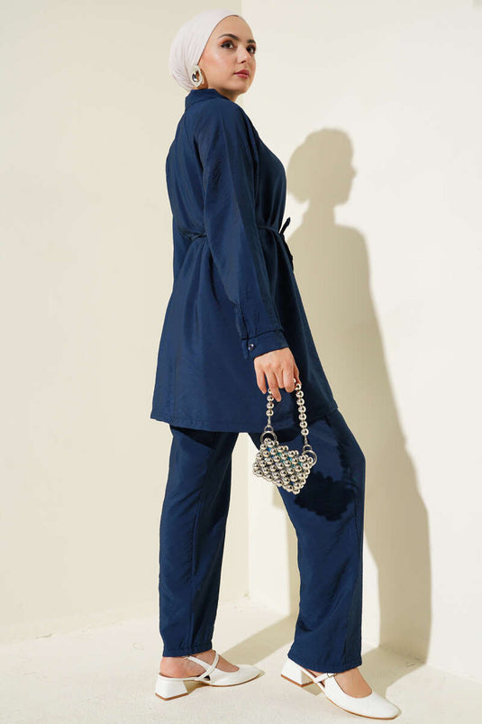 Önü Fermuarlı Kuşaklı İkili Takım Lacivert