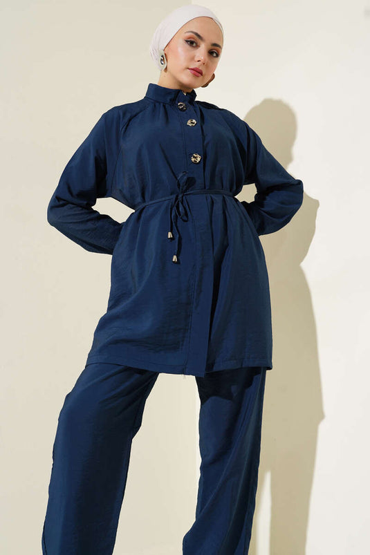 Önü Fermuarlı Kuşaklı İkili Takım Lacivert