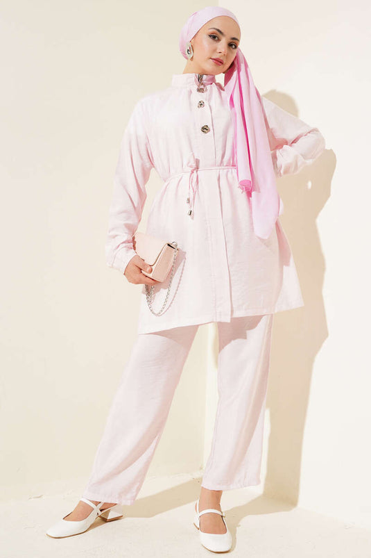 Önü Fermuarlı Kuşaklı İkili Takım Pembe