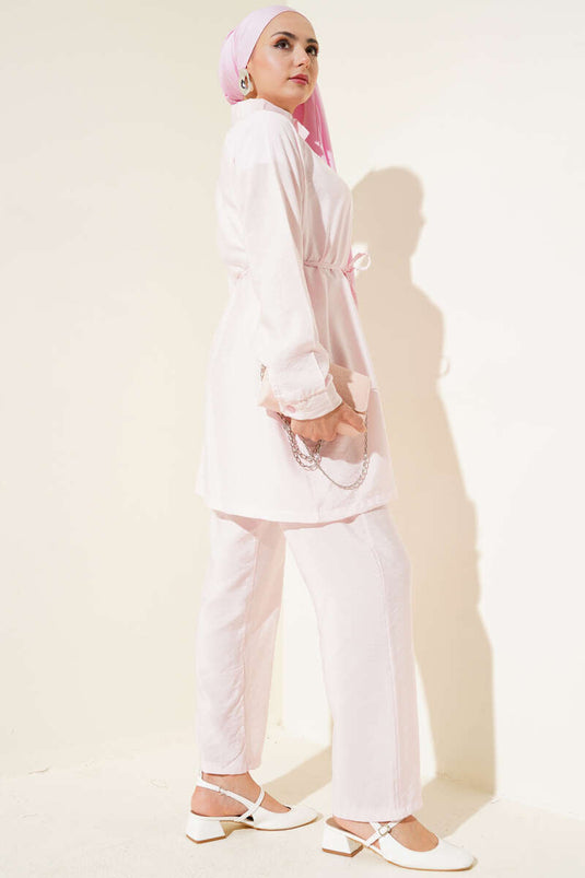 Önü Fermuarlı Kuşaklı İkili Takım Pembe