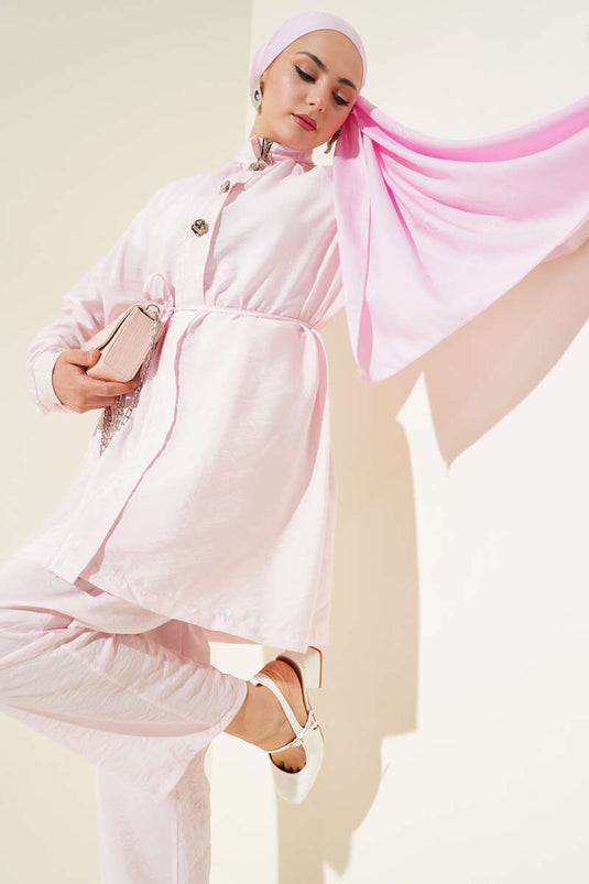 Önü Fermuarlı Kuşaklı İkili Takım Pembe