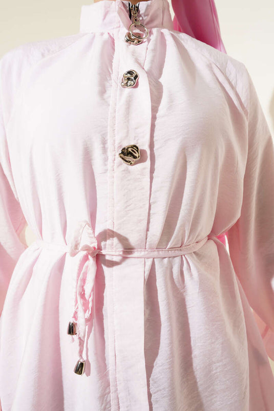 Önü Fermuarlı Kuşaklı İkili Takım Pembe