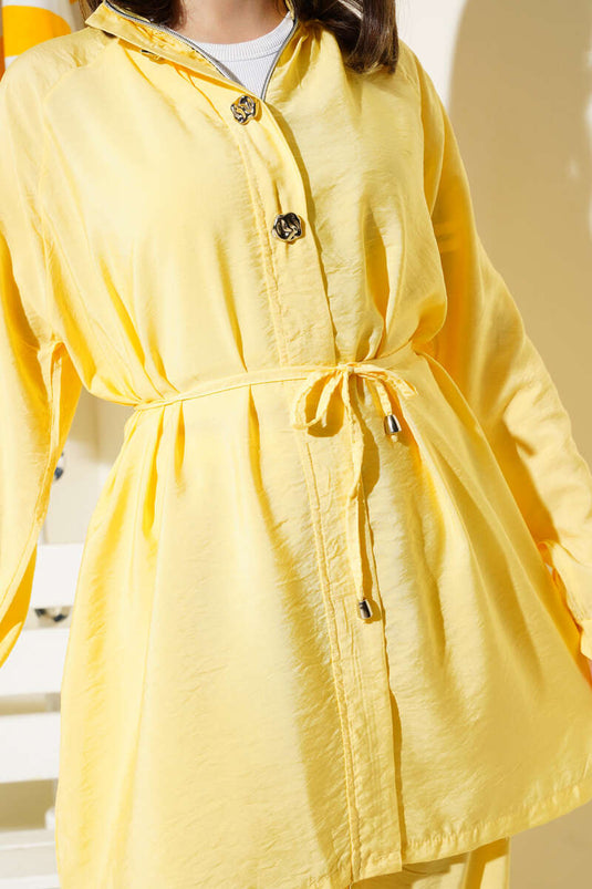 Önü Fermuarlı Kuşaklı İkili Takım Sarı