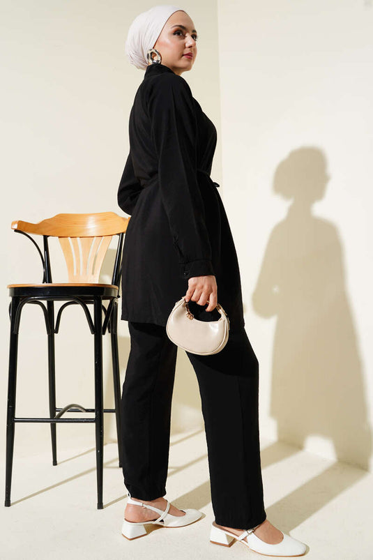 Zippered Front Belted Two Piece Suit Black