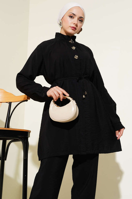 Zippered Front Belted Two Piece Suit Black