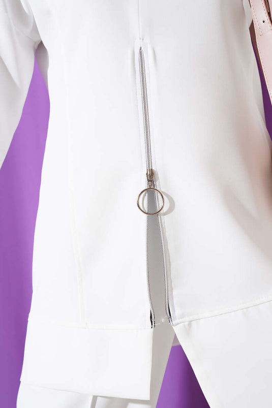 Önü Fermuarlı Tunik İkili Takım Beyaz