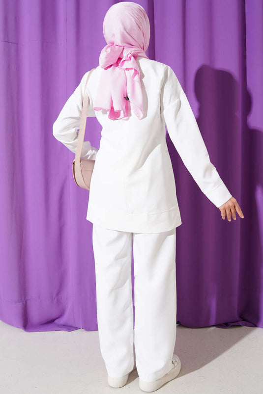 Önü Fermuarlı Tunik İkili Takım Beyaz