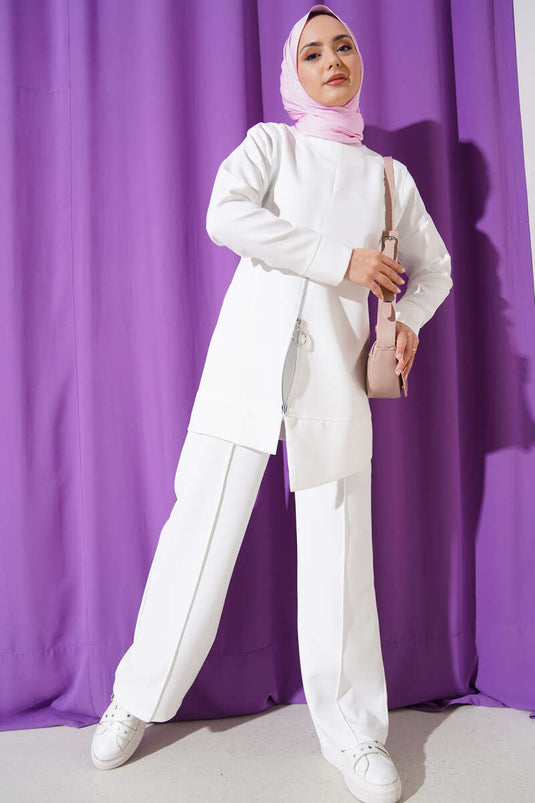 Önü Fermuarlı Tunik İkili Takım Beyaz