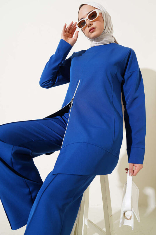 Zippered Tunic Two-Piece Set Navy Blue